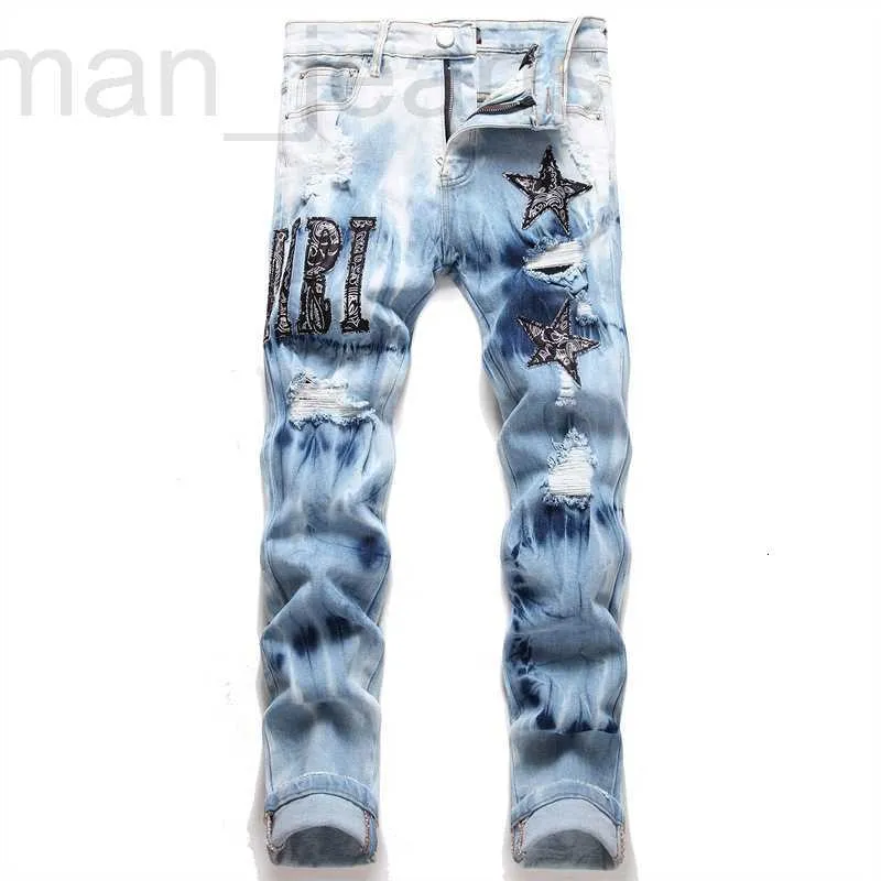 Jeans para hombre diseñador AM Style Punk Blue Hole Slim Fit Elástico Estampado teñido Pies pequeños 3091 30FC