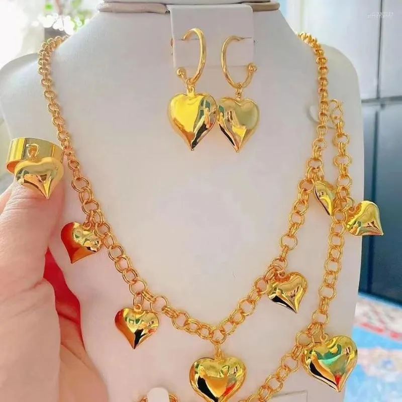 Necklace Earrings Set Luxury Ethnic Style Gold Color Love Shape Earring Ring Bracelet Wedding Jewelry Bride Gift