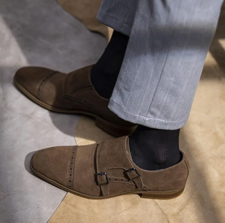 Sapatos Monk Masculino Bloco Moda Negócios Casual Festa de Casamento Clássico Camurça Falsa Sapatos Festivos com Fivela Dupla Sapatos Baixos Sapatos de Couro