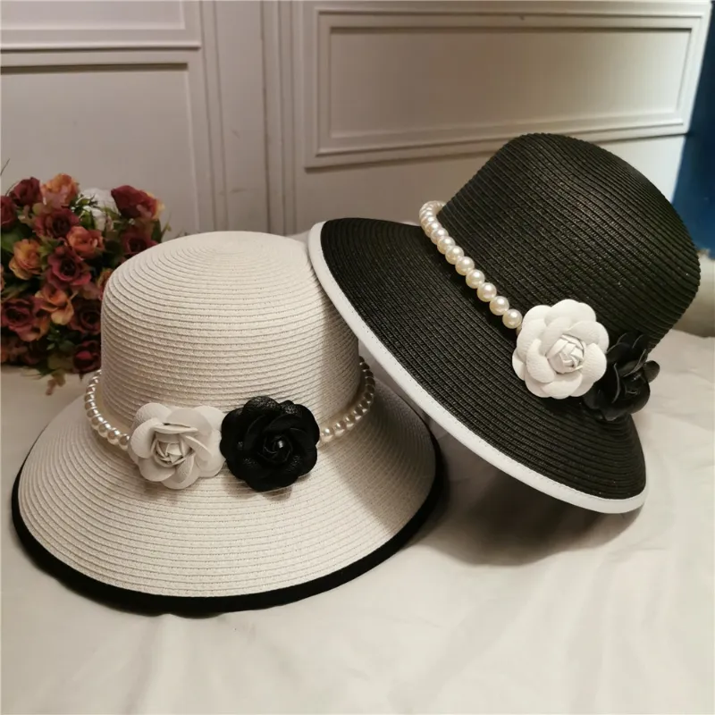 Français rétro élégant chapeau de paille Hepburn perle fleur pêcheur chapeau bord de mer vacances plage chapeau parasol crème solaire chapeau dame