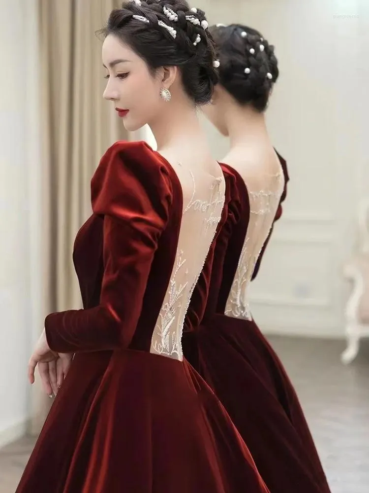 Ethnic Clothing Autumn Burgundy Velvet Long A-line Wedding Dress Toast Women Sleeve Backless Party Gown Vestido