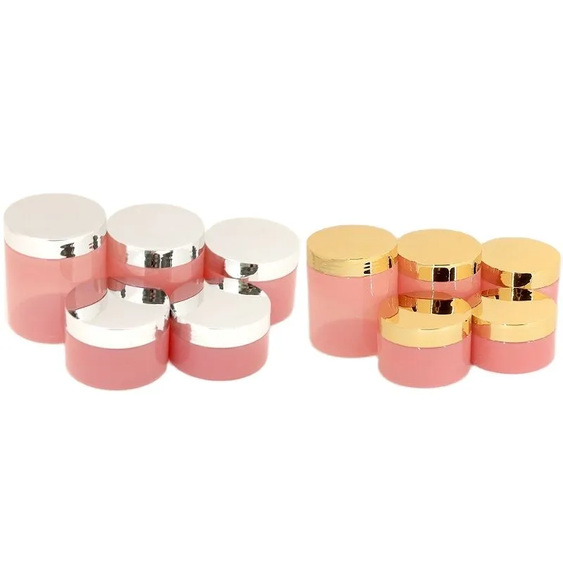 Garrafas de recarga Recipientes de creme de plástico Rosa PET Potes para cuidados com a pele Ouro brilhante Tampa de prata Frascos de cosméticos Vazio Garrafa de boca larga 250ml 200ml 150ml 120ml 100ml