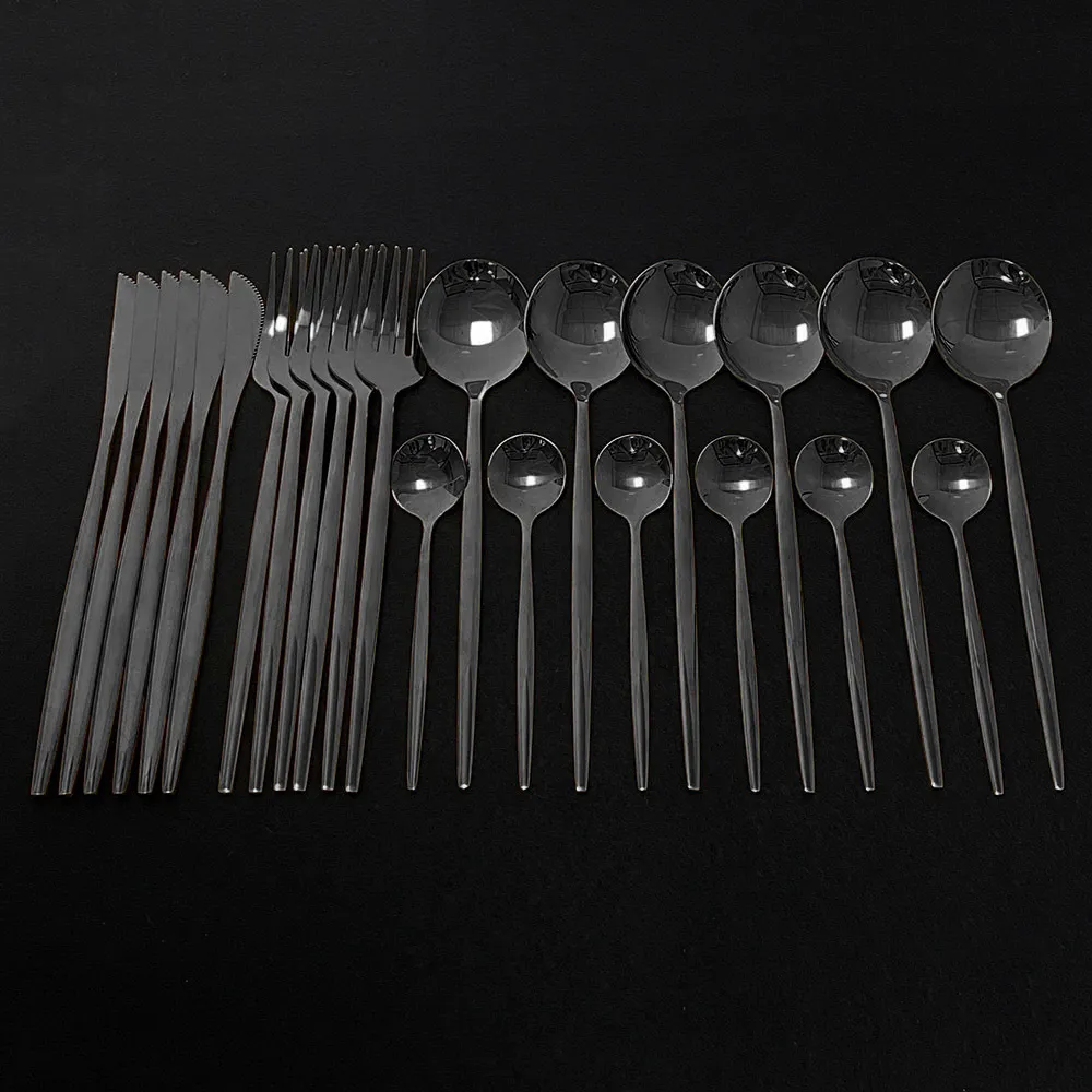 Servis uppsättningar Black Flatware Set rostfritt stål 24st Cutsly Western Food Fork Knife Teskoon Table Silver Silverware 230627