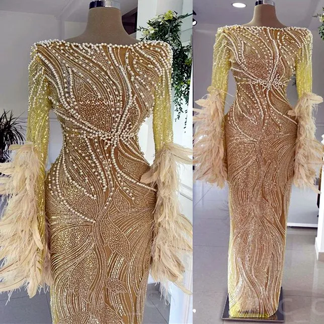 Gold Sheath Fringe Prom Dress With Feather And Pearls Perfect For