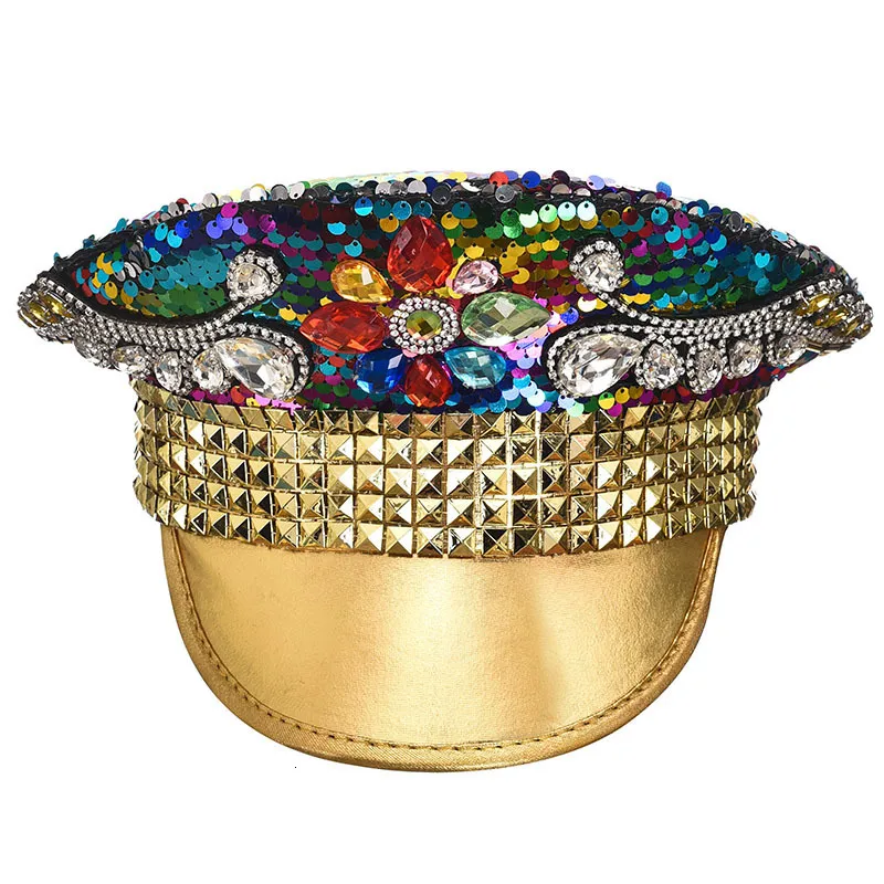 Cappelli da festa Rivetti in oro di lusso e strass colorati con paillettes Rave Festival Cappello militare Cosplay Copricapo Club Party Accessori moda 230627