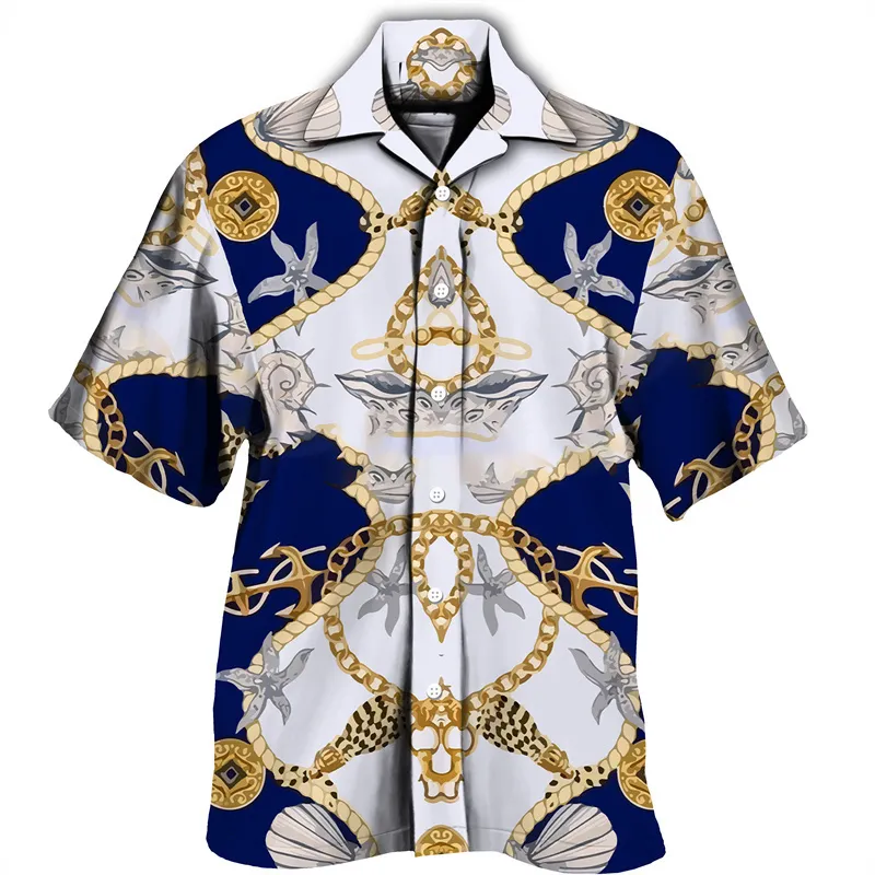 Camicie eleganti da uomo Luxury Social Men Catena di moda hawaiana Stampa corta Manica lunga Colletto con risvolto Abbottonatura Top Abbigliamento da club per feste maschili 230628