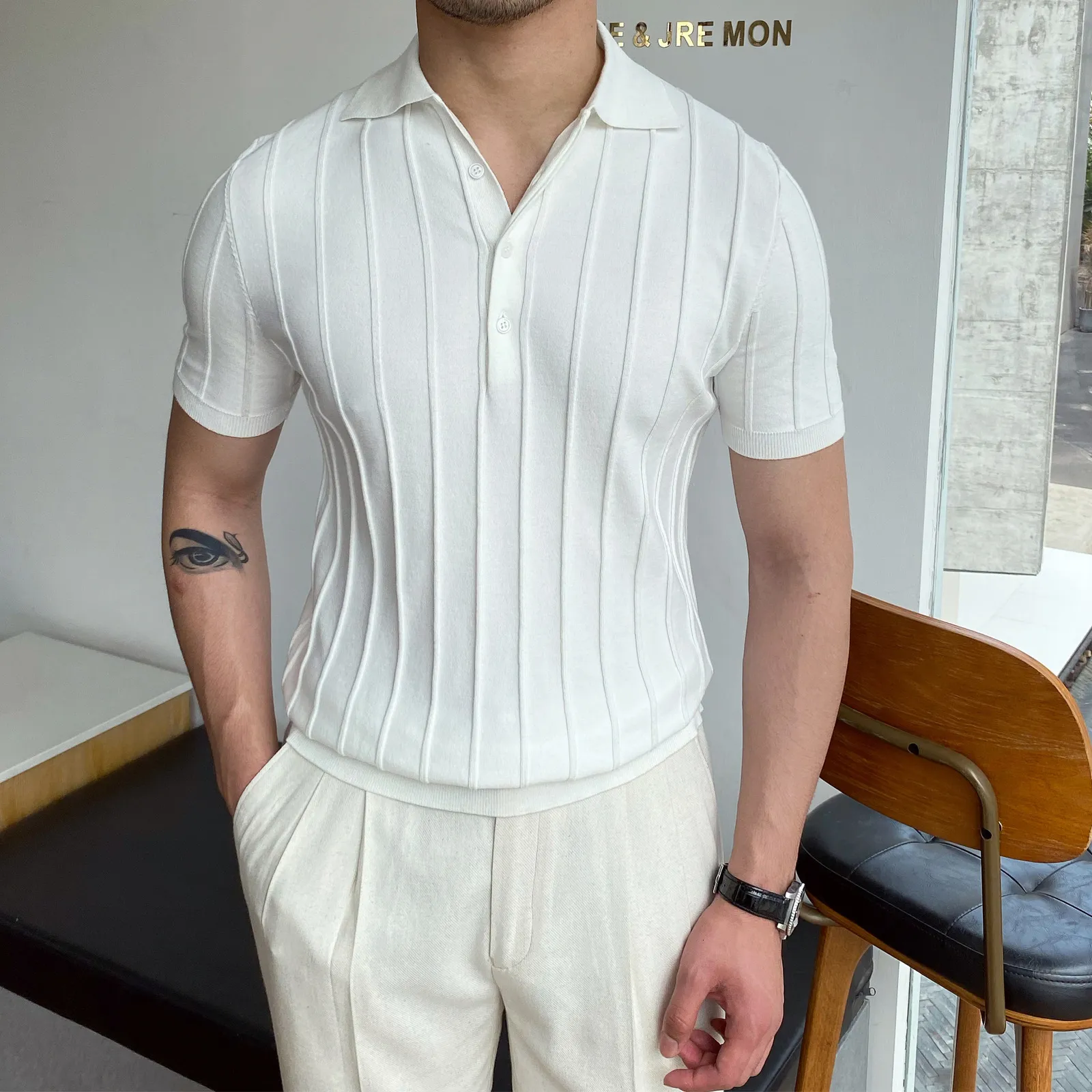 Męska Polos Spring Summer Knit Polo Shirt Men Casual Turndown Collar Button Modna Solid Slim Slim Tops Est Ice Silk Cotton Knitwear 230627