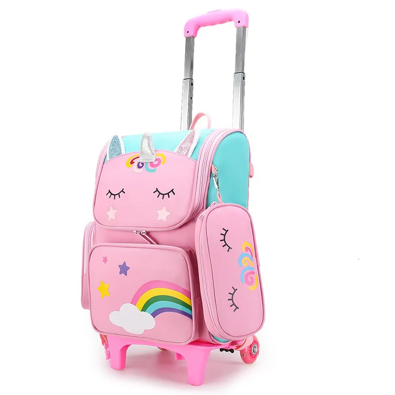 Mochilas de desenhos animados unicórnio escola mochila com rodas para meninas trolley saco com rodas estudante crianças rolando 230628