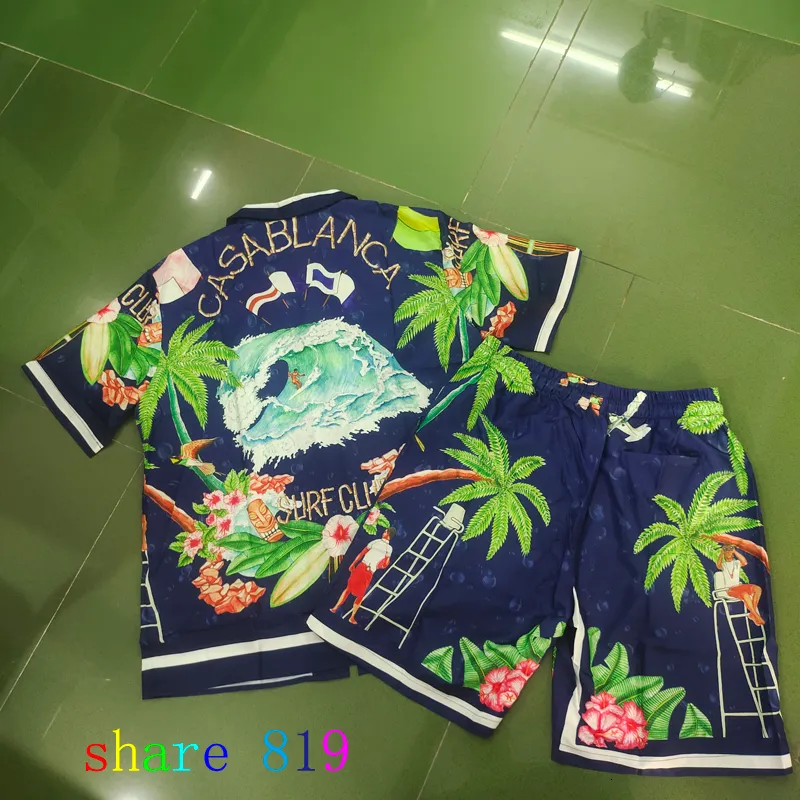 Mens Tracksuits Tecido Fino Surf Club Casablanca Shorts Camisa Set Homens Mulheres Hawaii Beach Seaside Férias Curto Terno 230627