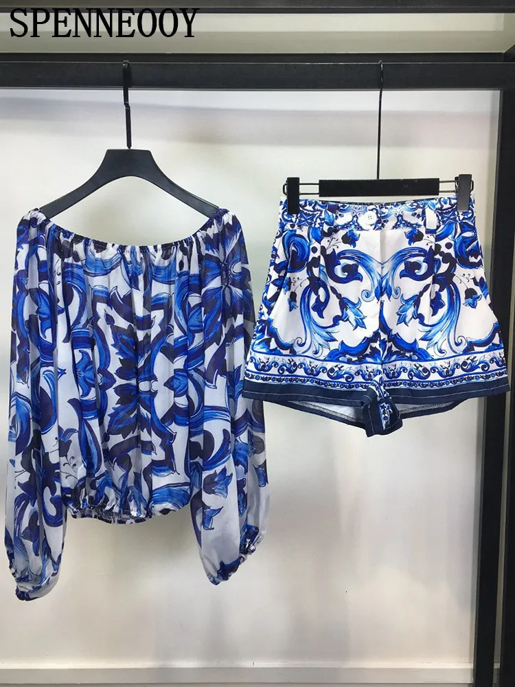 Two Piece Dress SPENNEOOY Summer Fashion Blue And White Porcelain Print Shorts Suit Womens One Word Collar Loose Lantern Sleeve TopSlim 230627