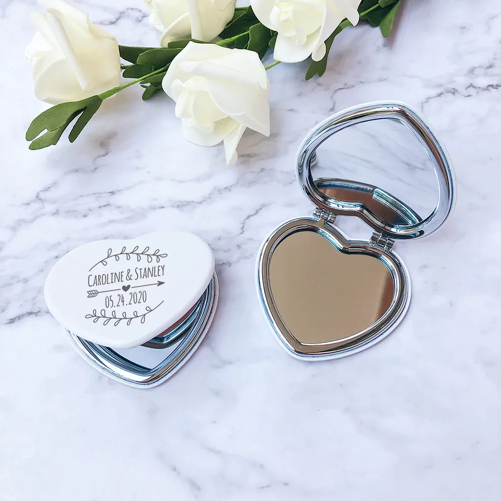 Party Favor 10st Pu Leather Compact Mirrors Personlig bröllopsgåva Heart Shaped Pocket Mirror Bachelorette Party Bruddusch Favor 230627