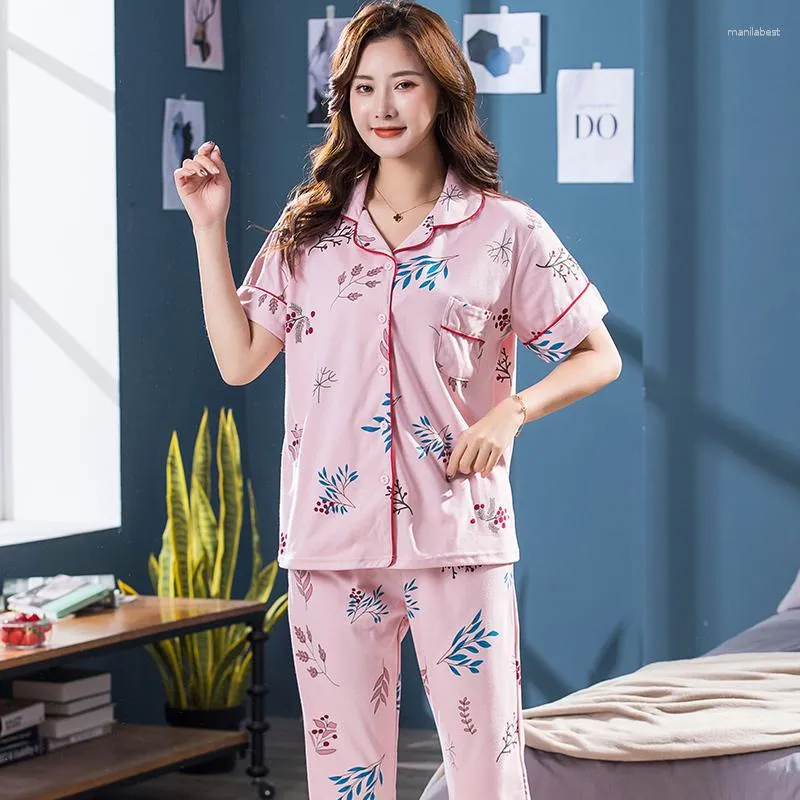 Kvinnors sömnkläder stora varv M-4XL Fashion Floral Cotton Women Pyjamas Set Summer Women's Nightwear Pijamas Home Suit Pyjama Femme