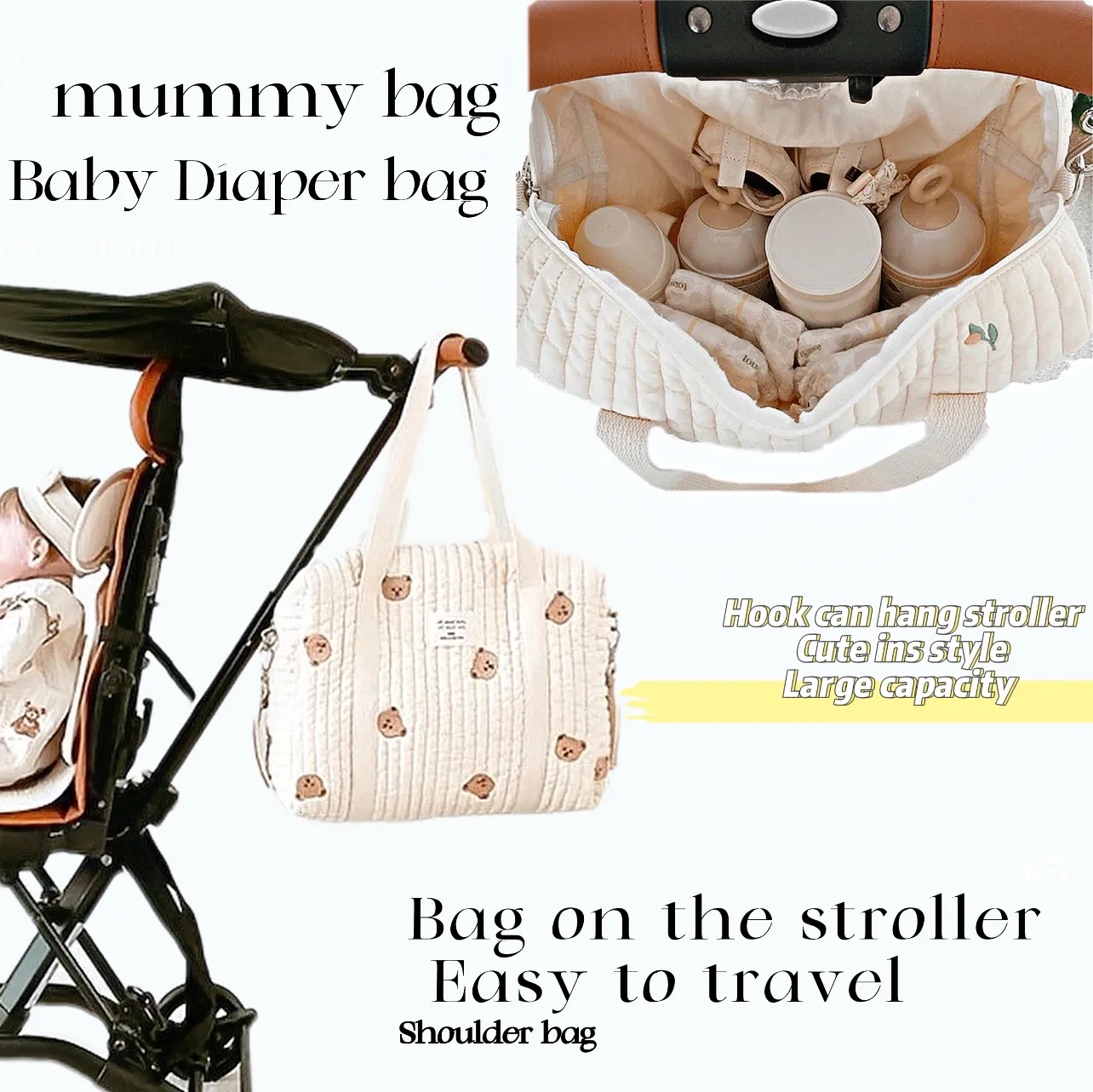 DIAPER Väskor Baby Barnväska Multifunktionell ryggsäck Beige Cotton Dragkedja Byt söt Bear Embrodery Travelorganizer 230628