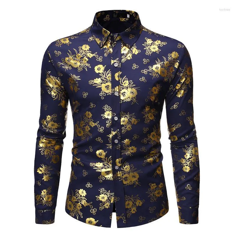 Mäns avslappnade skjortor män mattswag mens mörkblå lyx blommig guld glänsande tryck camisa stilig smal långärmad klänning skjorta parti prom