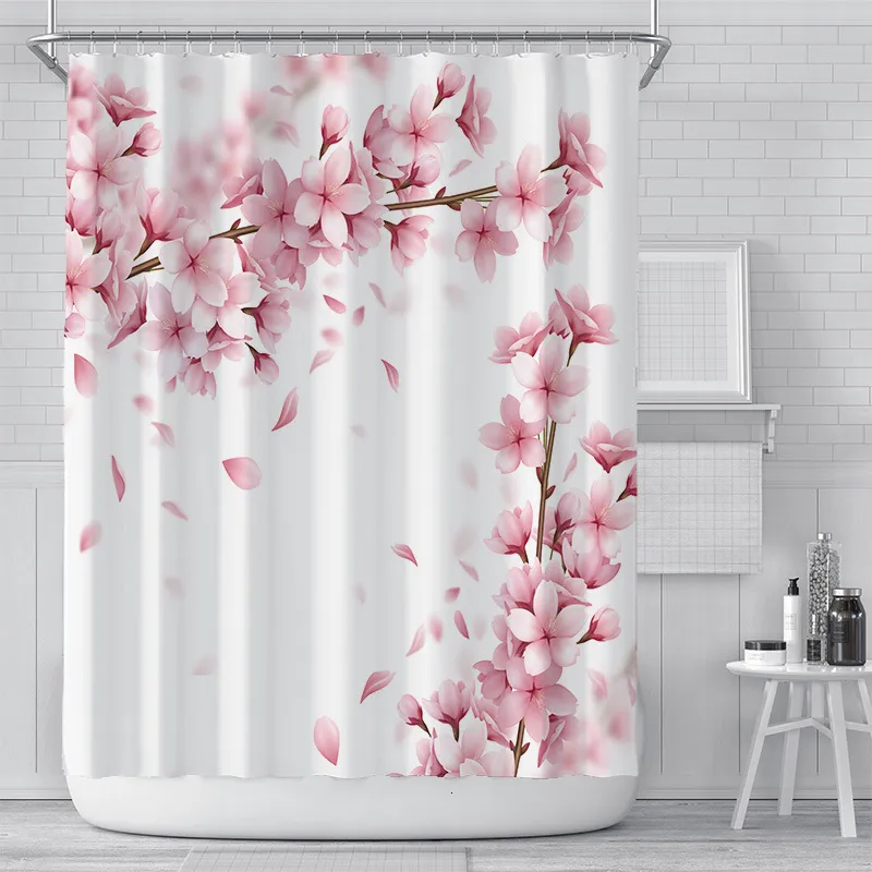 Shower Curtains Pink Floral Curtain Liner Asian Japanese Style Flower Cherry Blossoms Waterproof 3D Print Bath 230628