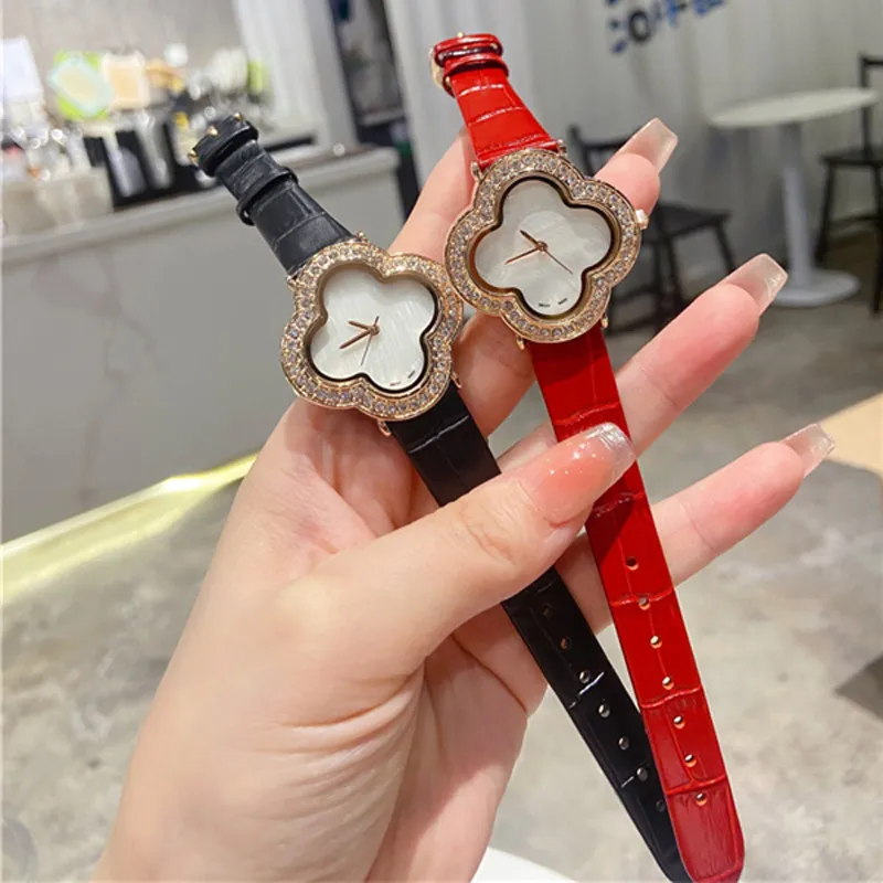 Fashion Full Brand Wrist Women Ladies Flowers Designer Crystal Style Luxury With Leather Str Quartz Clock VA06