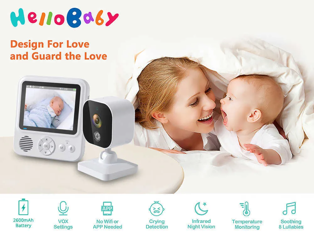 HelloBaby Monitor con cámara y audio, pantalla IPS LCD pantalla de video  monitor de bebé sin WiFi visión nocturna infrarroja, temprature, canción de