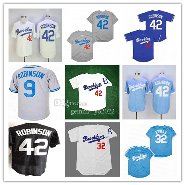 Mężczyźni Retro 42 koszulka bejsbolowa Jackie Robinson 32 Sandy Koufax Brooklyn 2018 Hall Of Fame koszula vintage szyta niebieska biała szara kremowa czerń S-3XL