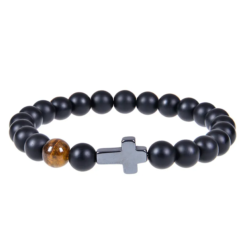 Black Matted Bead Bracelet Hematite Cross Tiger's Eye Stone Elasticity Bracelet For Women Men Jewelry