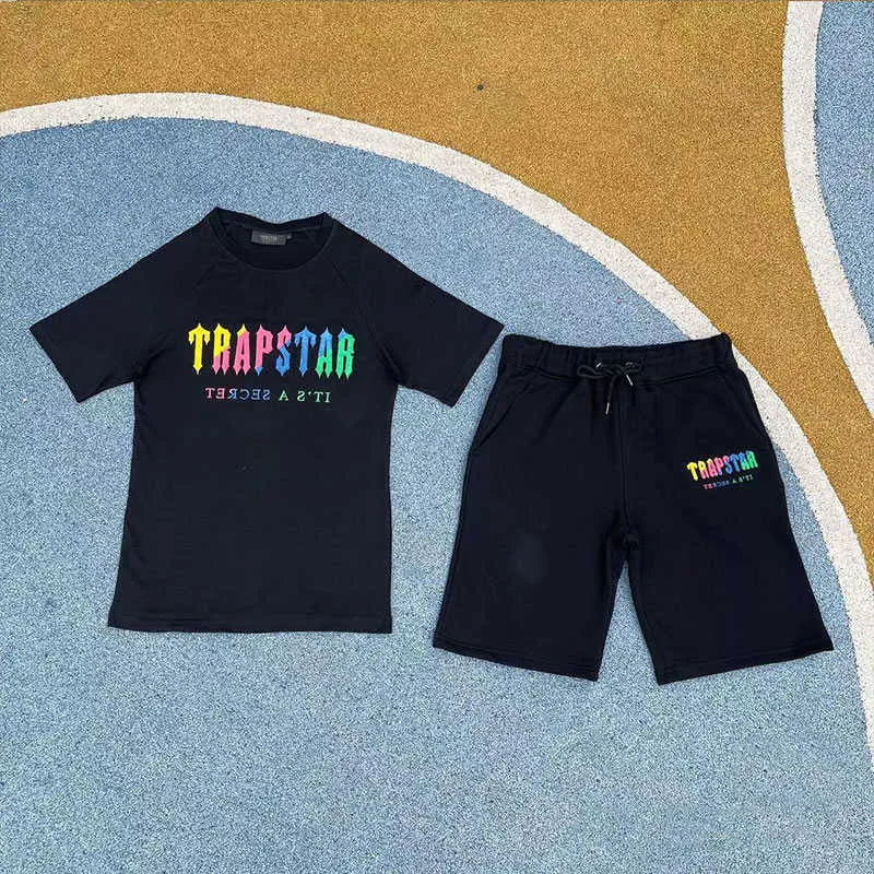 Новая футболка Trapstar London Towel с вышивкой, высококачественная футболка с градиентом цвета радуги и буквами, мужские черные комплекты футболок
