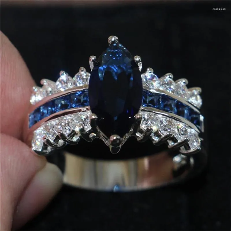 Anillos de racimo de lujo azul Marquesa corte 3 anillo de bodas de diamante simulado para mujeres tienen S925 Logo Real 925 dedo de plata