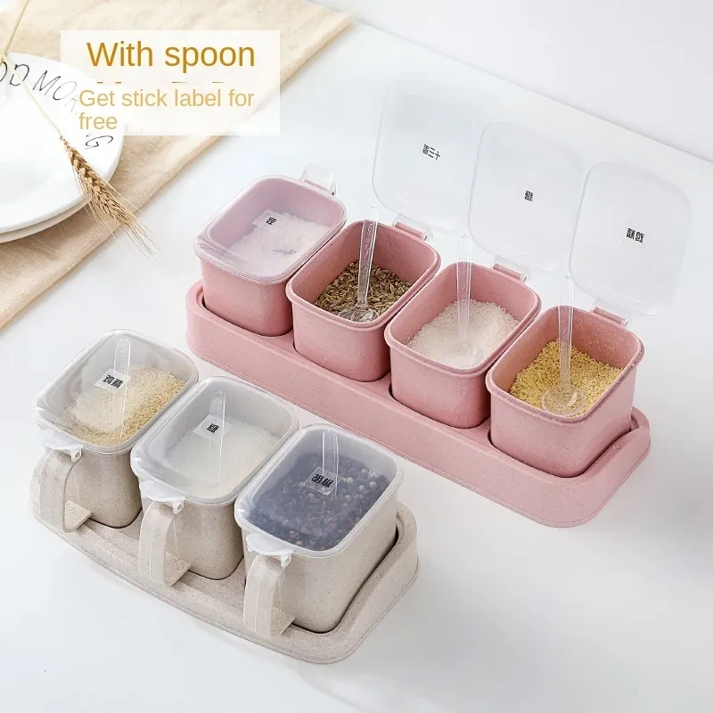 Kitchen Storage Organization Household Wheat Flavor Salt Candy Seasoning Box Material Combination Set Jar 230627