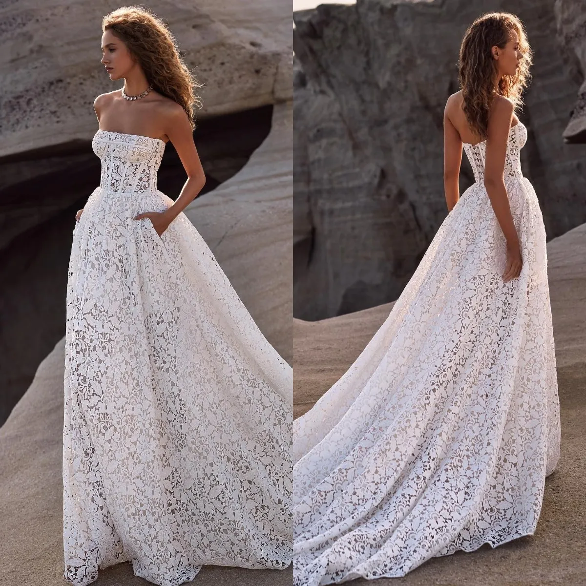 Milla Nova Bohême Une ligne robes de mariée pour la mariée Robe de mariée en dentelle sans bretelles Robe de mariée dos nu designer balayage train