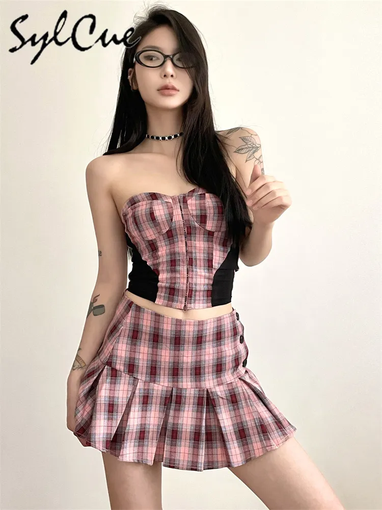 Robe Deux Pièces Sylcue Style Japonais Et Coréen Fête D'été Cool Rose Plaid Rétro Doux Mignon Sexy Jeune Fille Confiante Femmes Jupe Costume 230627