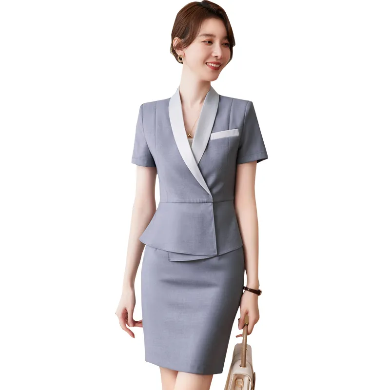 Two Piece Dress Women Blazer And Skirt Set Suit Business Full Sleeve Jacket Plaid Formal Career Ladies Office Uniform