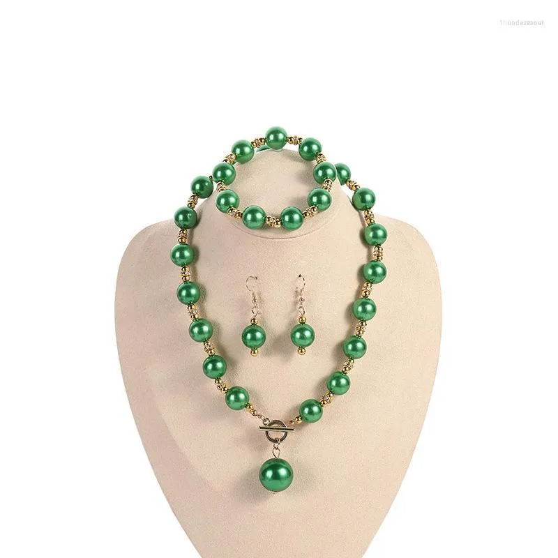 Kedjor Luxury Elegant Green Black Crystal Pearl Bridal smycken Set Gold Color Alloy Rhinestone Drop Earring Halsband Set for Women