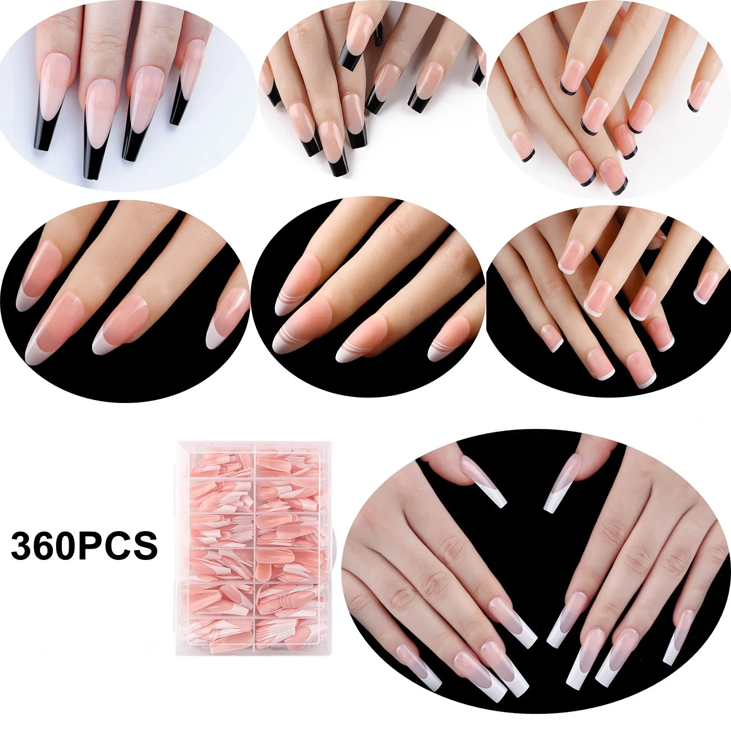 360 Pcs Doodskist Druk Op Nagels Lange Amandel Nep Nagels Vierkante Franse Kunstnagels Wit Zwart Diy Wearable Volledige cover Nail Tips