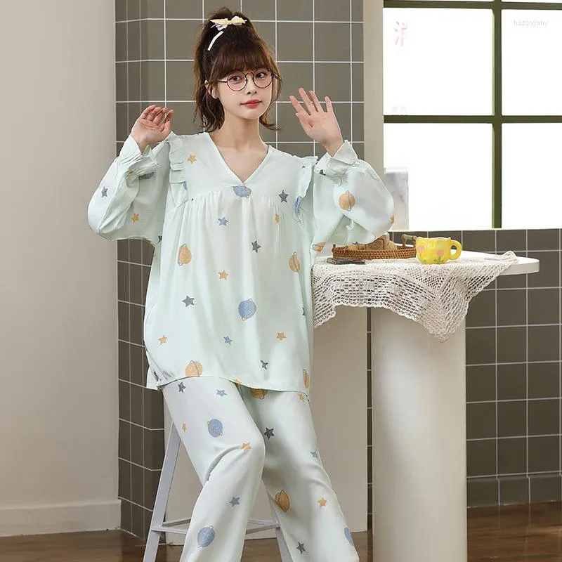 Women's Sleepwear Women's Pajamas Cottin Pyjamas Set Long Sleeve V Neck Spring Autumn Printing Nightwear 2Pcs Shirt Pant Home Clothing