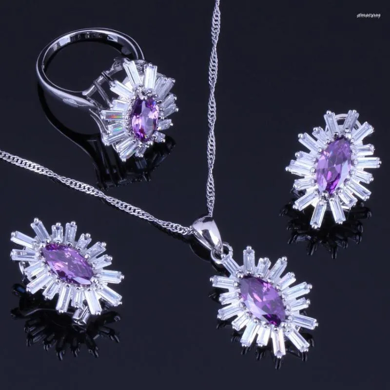 Necklace Earrings Set Brilliant Purple Cubic Zirconia White CZ Silver Plated Pendant Chain Ring V0240