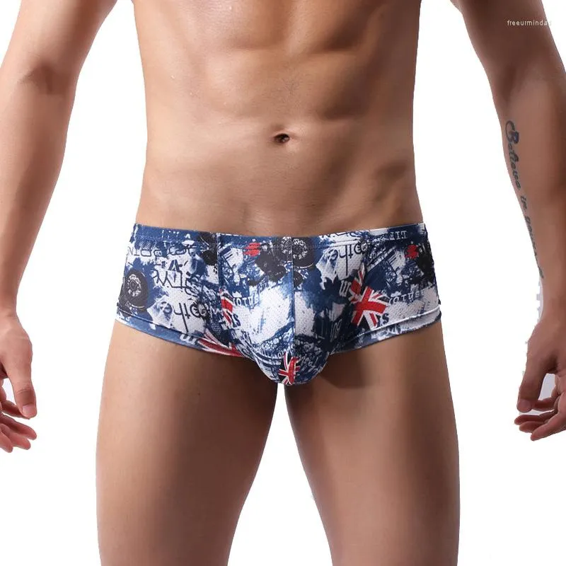 Underpants Printed Mini Boxer Shorts Sexy Bugle Pouch Underwear Cuecas Mens Boxershorts Mesh Slip Homme Gay Panties Briefs