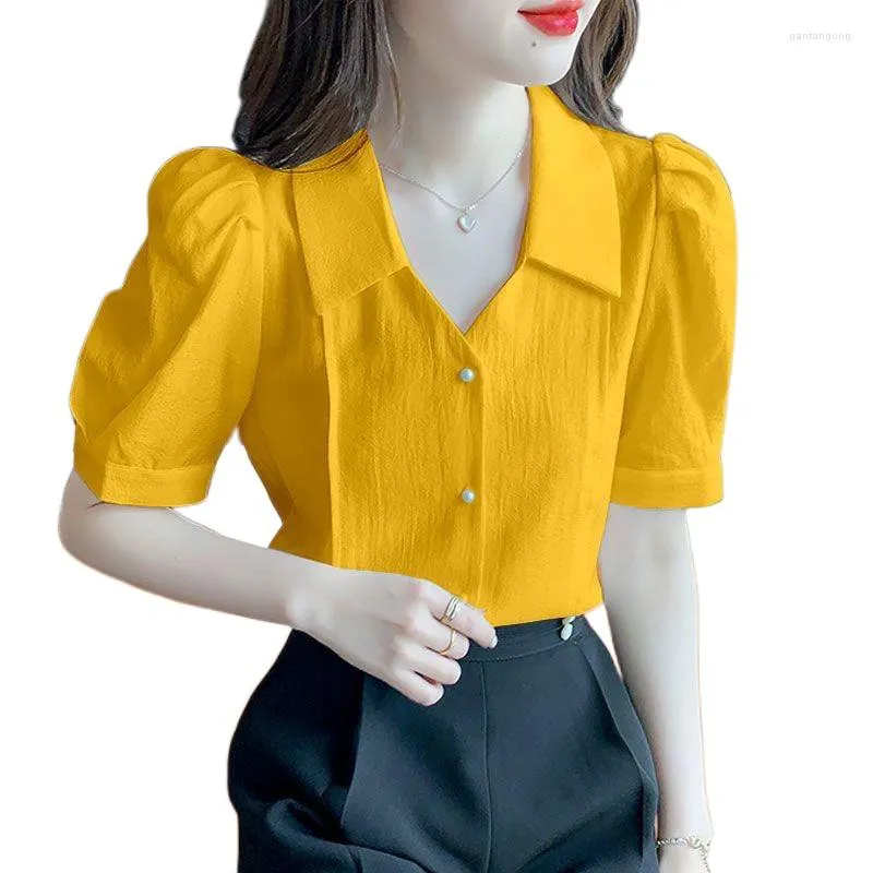 Kvinnors stickor 3XL 2023 Kvinnor Summer Bluses Lady Fashion Casual Turn-down Square Collar Kort ärmknappar Solida färgkläder