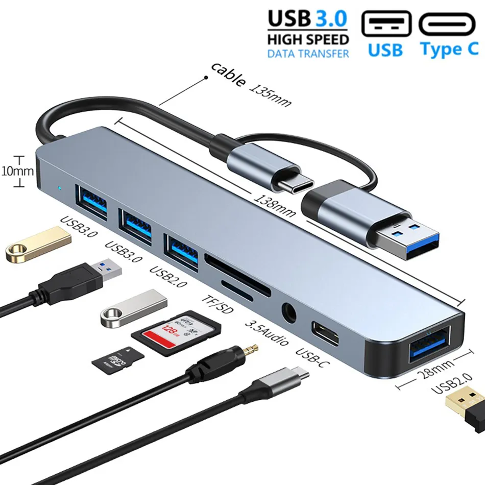 4/5/7/8 porte 2 in 1 USB C Expander Hub USB 3.0 Tipo C Splitter Dock Adattatore audio multiporta Espansore USB per PC