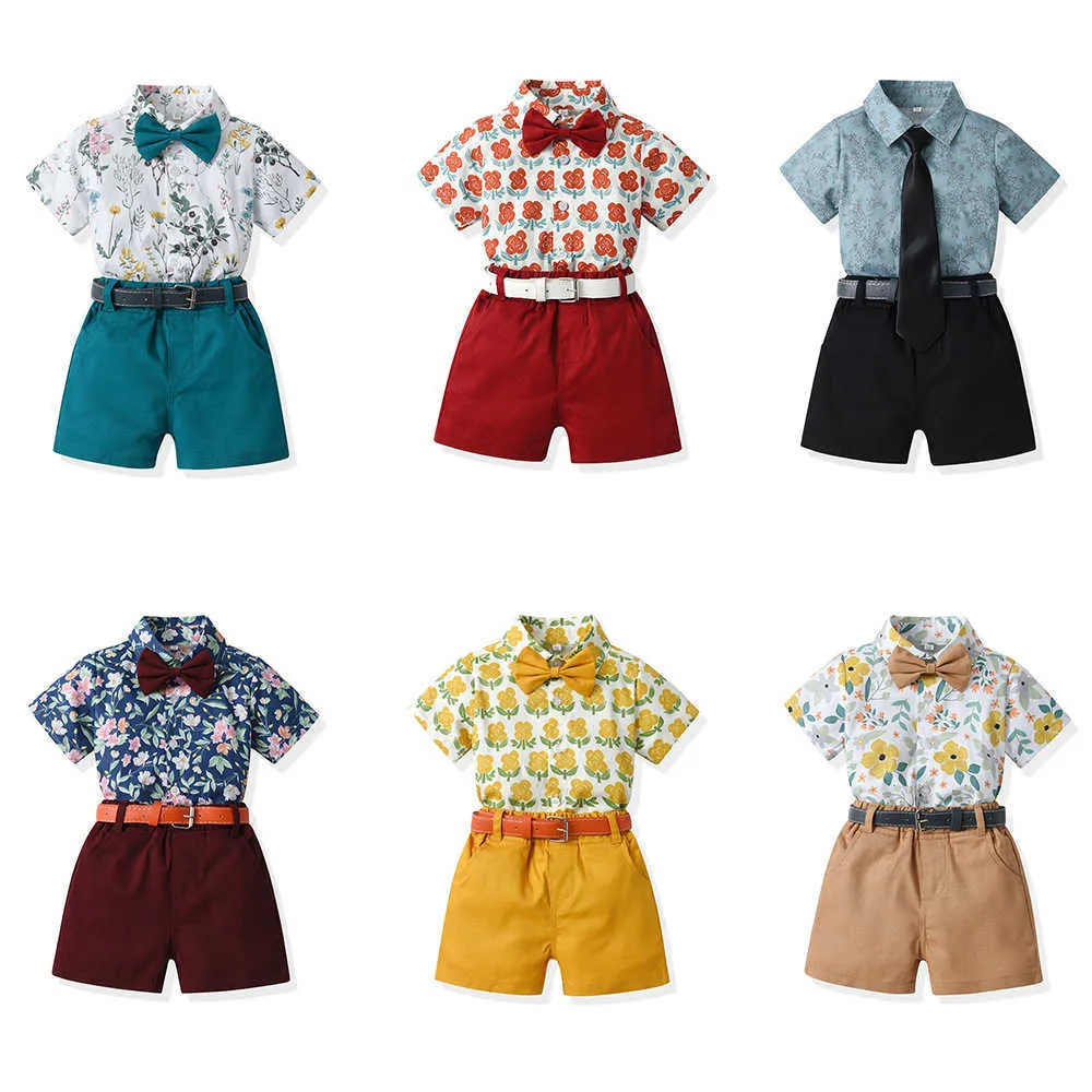 Sommer Kinder Kleidung Trainingsanzug Bogen Gedruckt Kurzarm Baumwolle Hemd Strickjacke Shorts Lässige Mode Zwei Stück Set Mit Gürtel