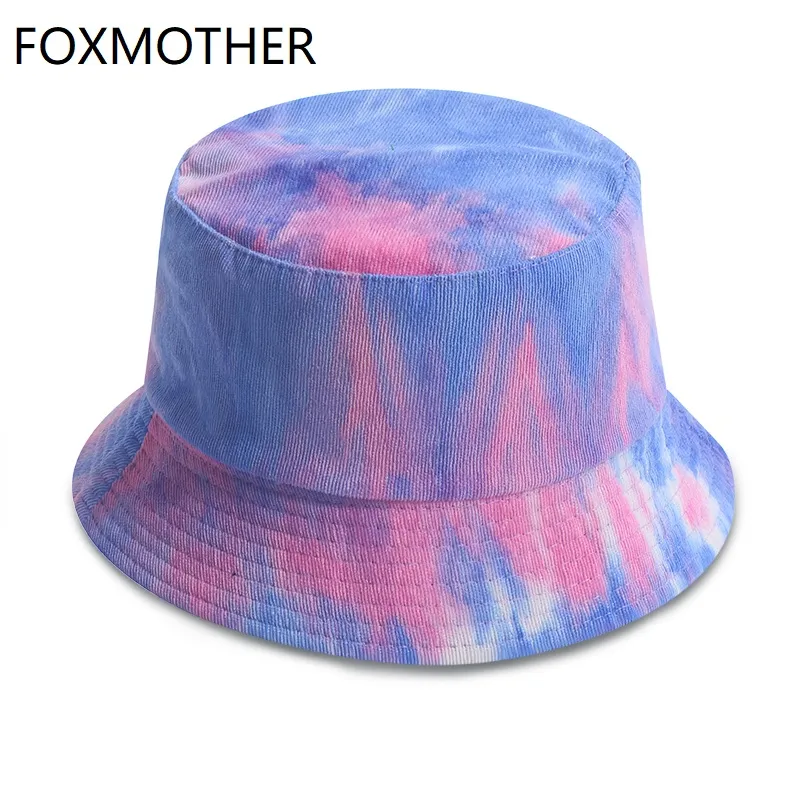 Foxmother New Fashion Autumn Winter Reversible Multicolor Pink Green Tie Dye Corduroy Bucket Hats Fishing Caps Woman Lady 2021