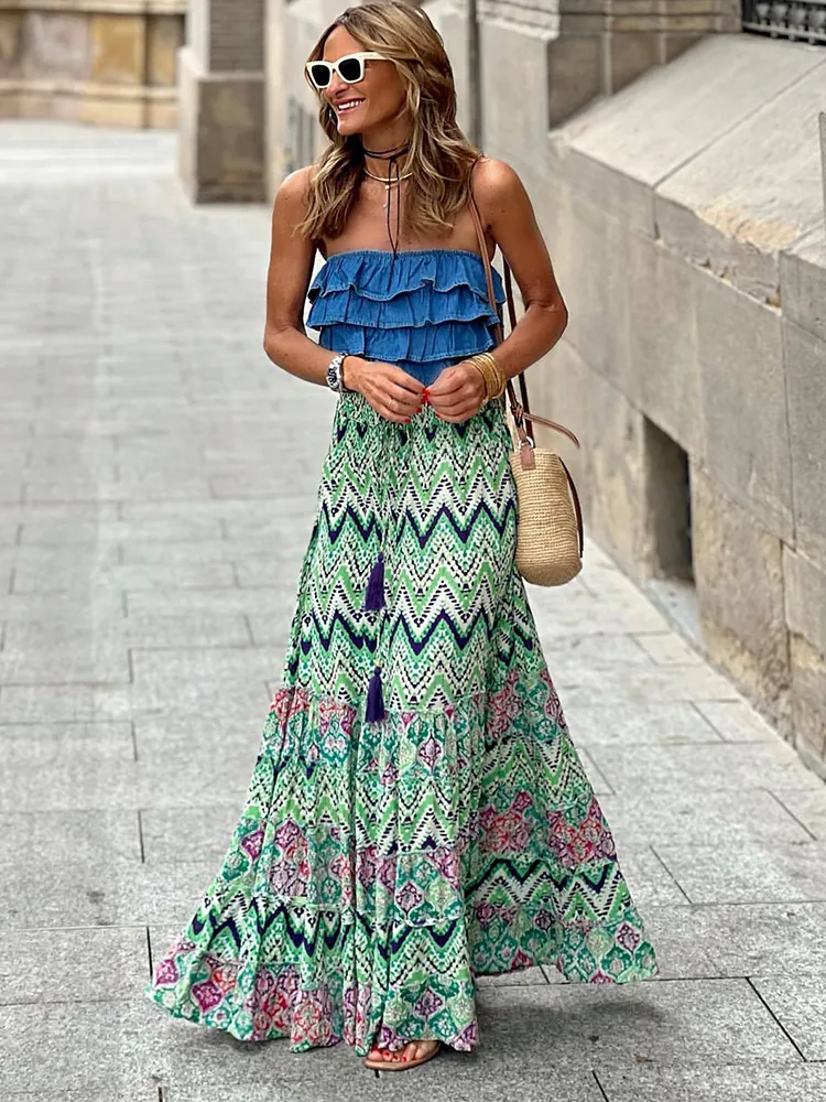 Boho Chic Maxi Skirt: Womens Geometric Print Long Skirt Retro A