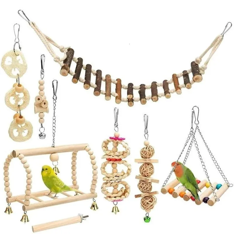 Autres Fournitures Pour Oiseaux 10 PCS Perroquet Jouets Articles En Bois Pet Set Combinaison Pour Échelle Formation Jouet Swing Ball Bell Debout 230627