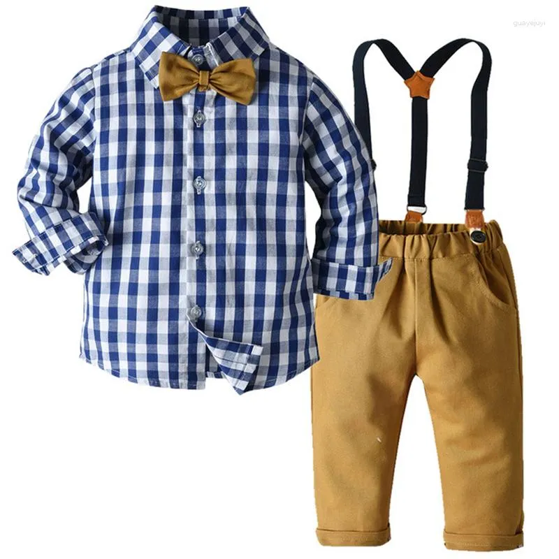 Set di abbigliamento 2Piece 2023 Primavera Vestiti per bambini Toddler Boy Abiti Moda Casual Plaid Gentleman Tie T-shirt Pantaloni Bambini Set BC355