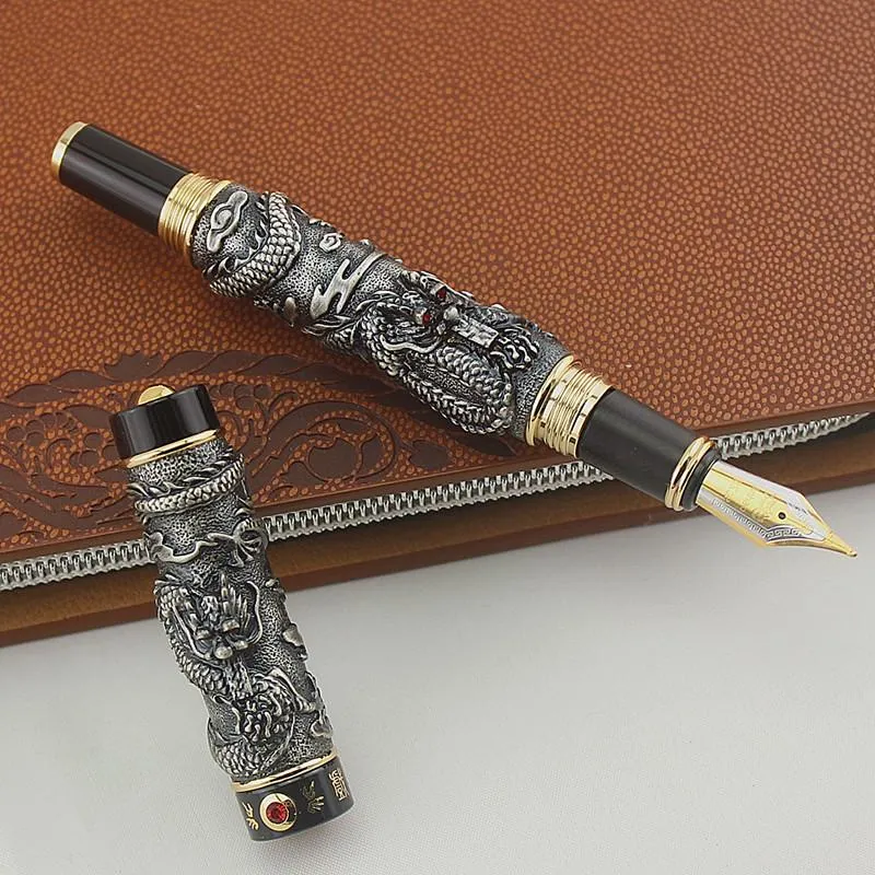 Pens Jinhao Gray Fountain Pen Broad Nib Dragon Play the Pearl