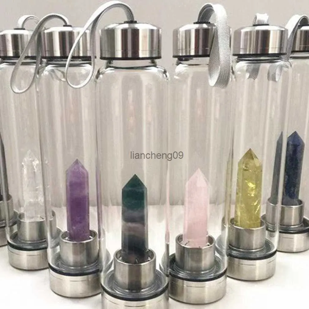 Natural Quartz Gemstone Glass Water Bottle Portable Car Drinking Cup Glass Crystal Obelisk Wand Healing Bottle With Rope Cover L230620