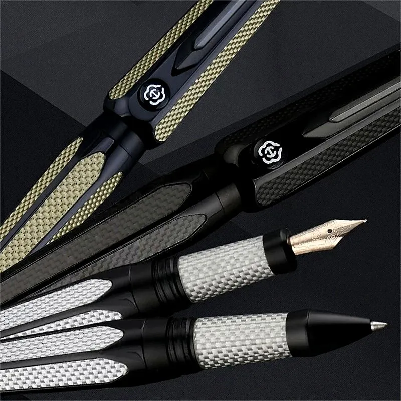 Pens Hero H712 Space Fountain Pen Hexagon Fibre de carbone Craft 10k Gold Business Office Office Writing Encre stylos avec boîte à deux but