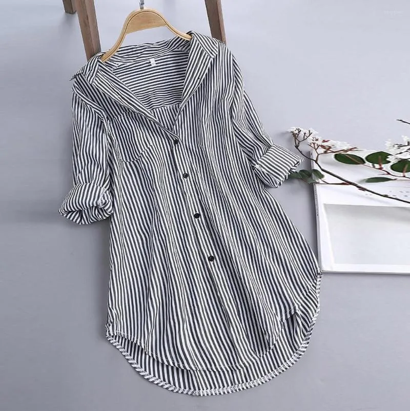 Bluzki damskie 3-3xl Summer Stripe Women Down-Down Collar Button koszule swobodne dużego rękawie Top Office Lady