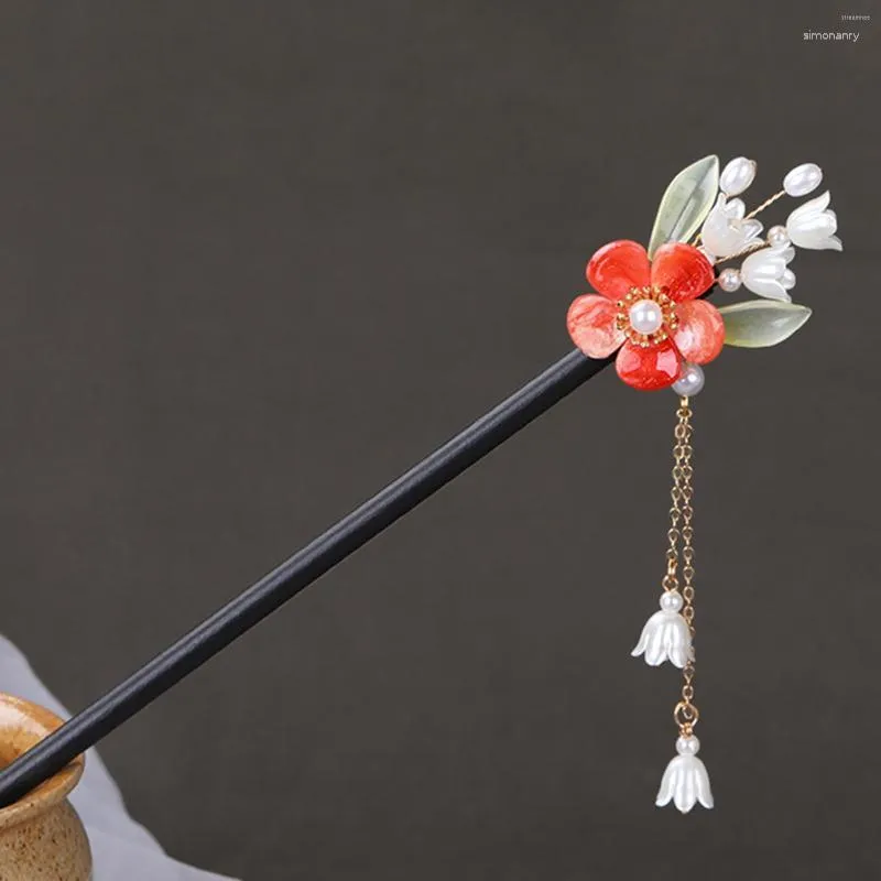 Grampos de cabelo vintage pauzinho para mulheres chinês hanfu gancho de madeira garfos retrô borla fecho floral acessórios para a cabeça jóias