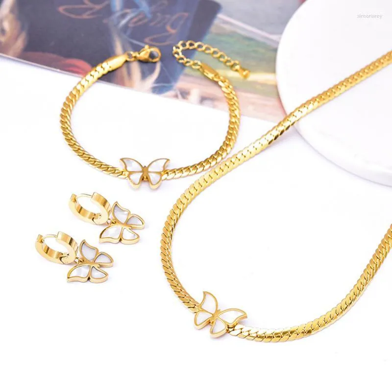 Ketting oorbellen set titanium staal 18k gouden vlinder vrouwelijke armband driedelige roestvrije sieraden