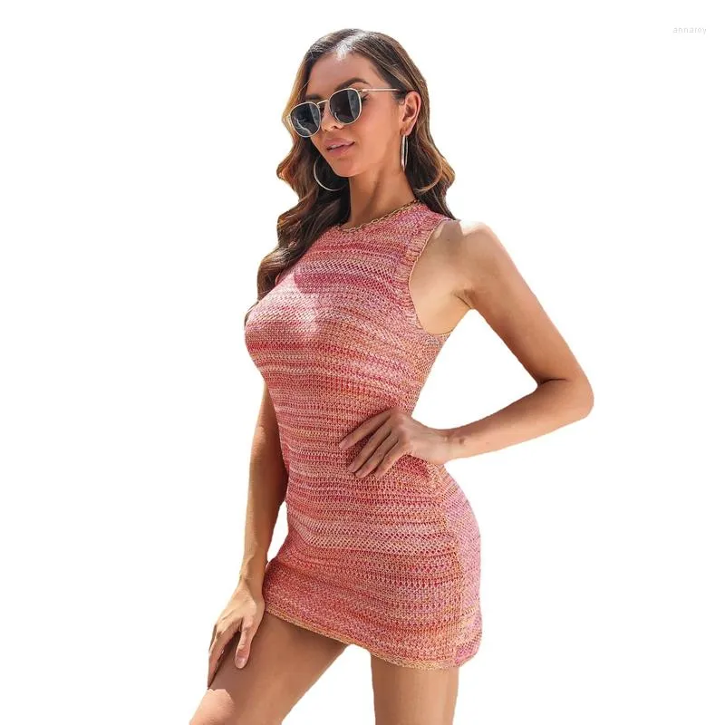 Casual Dresses Women Gradient Color Knitted Hip Wrap Dress Slim Fit Short Skirt Lady Summer O-Neck Sexy Tight Hight Strecth Tank