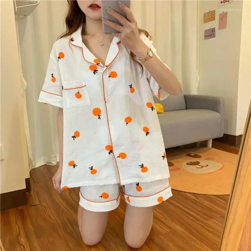 Indumenti da notte da donna Crepe Cotton Gazue Summer Women Pigiama Set Arancione Casual Home Suit Comodo Outwear Pantaloncini Manica corta Pijama D166