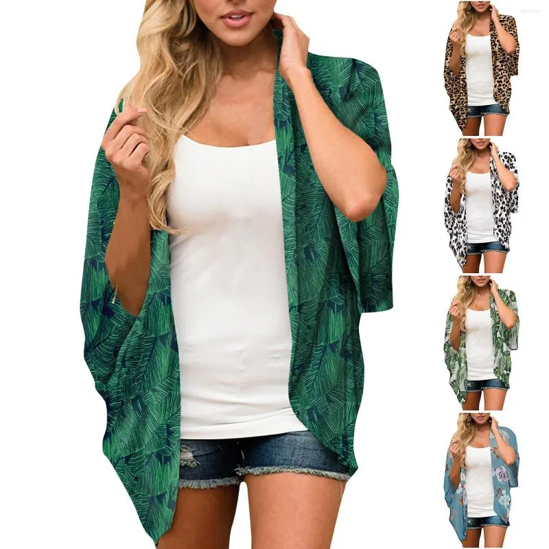 Dameszwemkleding Zomer dames bloemenprint bladerdeeg mouw chiffon vest losse cover-up casual blouse tops hooded open voorkant bikini